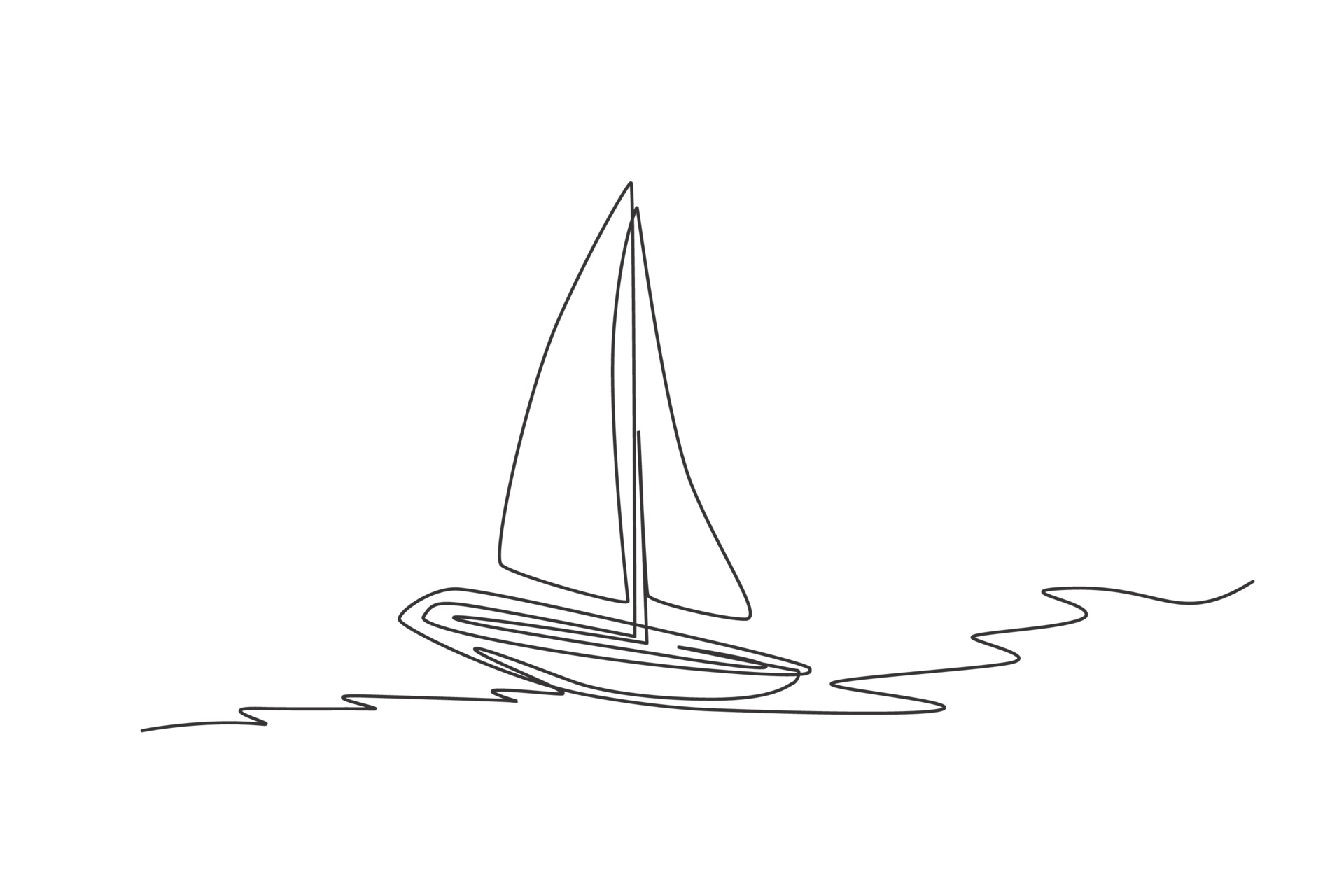 One continuous line drawing of sail boat sailing on the sea. Water