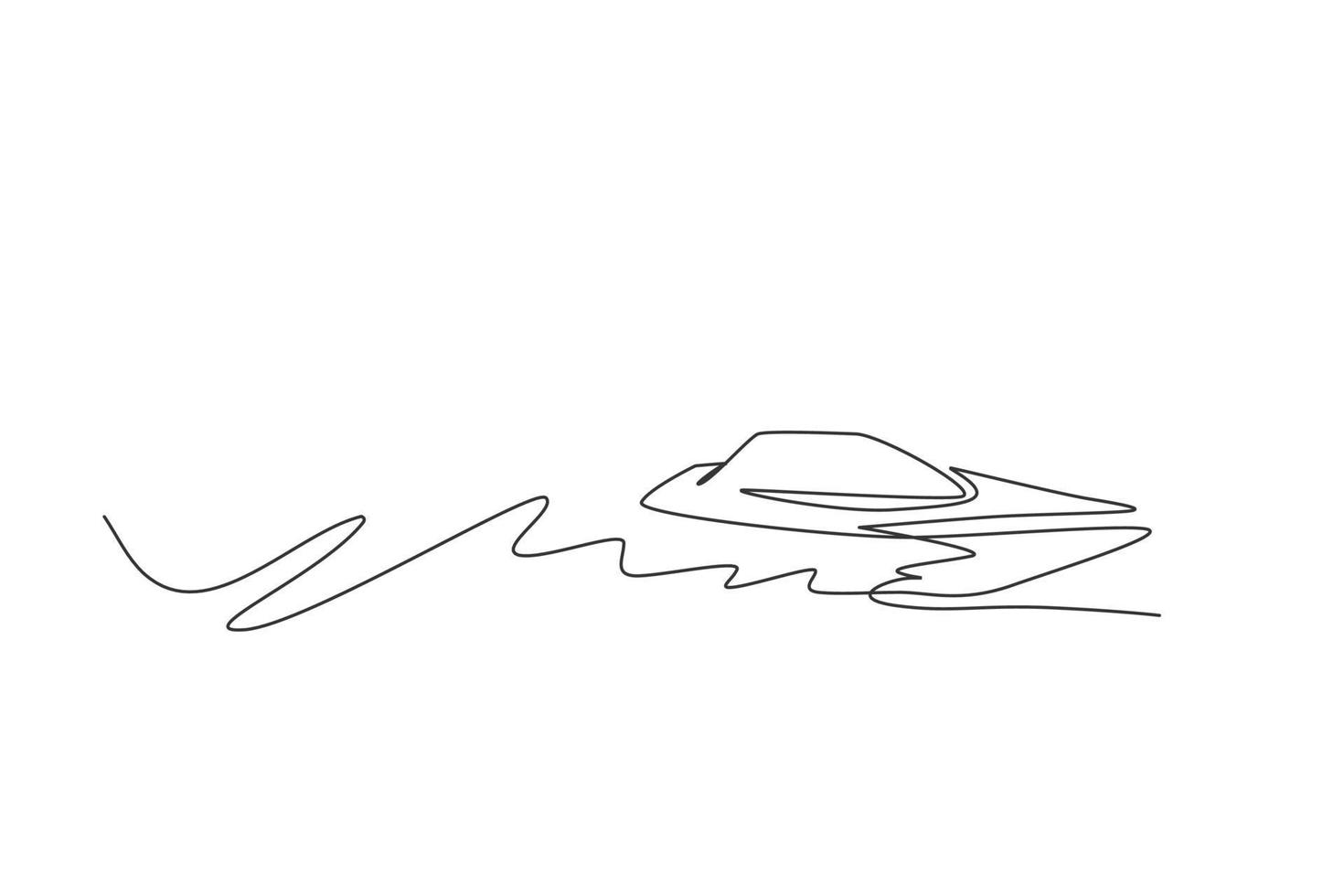 One single line drawing of fast speed boat sailing on the sea graphic vector illustration. Water transportation vehicle concept. Modern continuous line draw design