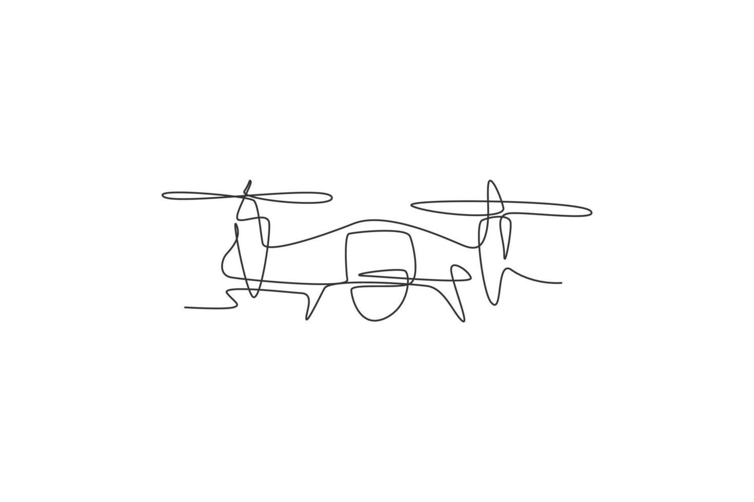 One continuous line drawing of flying drone airplane, unmanned plane. Modern gadget for videography concept. Dynamic single line graphic draw design vector illustration
