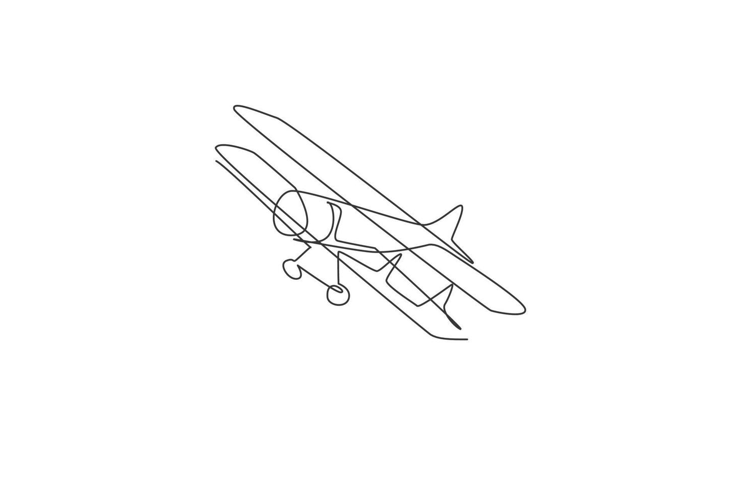 One single line drawing of vintage biplane flying on the sky vector illustration. Airplane vehicle for war concept. Modern continuous line draw graphic design