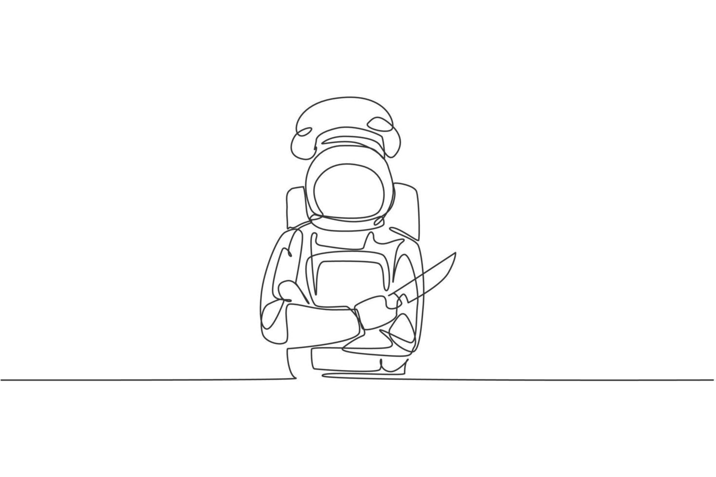 Single continuous line drawing astronaut chef holding knife and crossing arms on chest in outer space cafe. Healthy restaurant cuisine concept. Trendy one line draw design graphic vector illustration