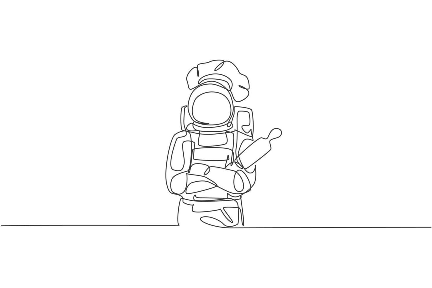 Single continuous line drawing of astronaut chef hold rolling pin and cross his hand on chest, outer space cafe. Healthy bakery shop concept. Trendy one line draw graphic design vector illustration