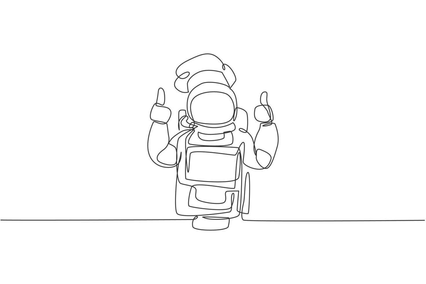 One continuous line drawing of young astronaut chef giving thumbs up gesture for delicious food. Healthy cuisine food menu on restaurant concept. Dynamic single line draw design vector illustration