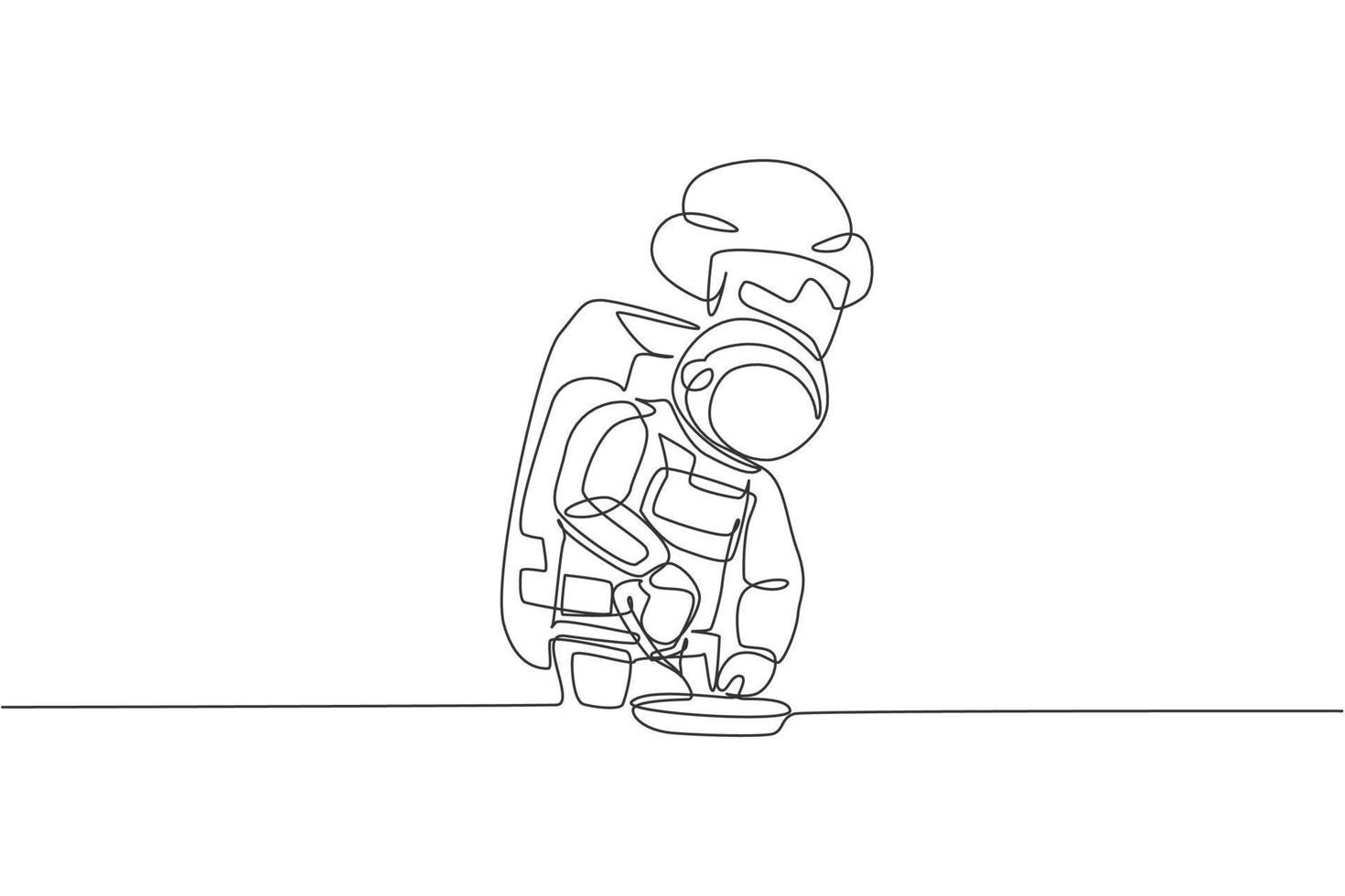 One continuous line drawing of astronaut chef pouring delicious seasoning into dish for dinner. Healthy cuisine food menu on restaurant concept. Dynamic single line draw design vector illustration