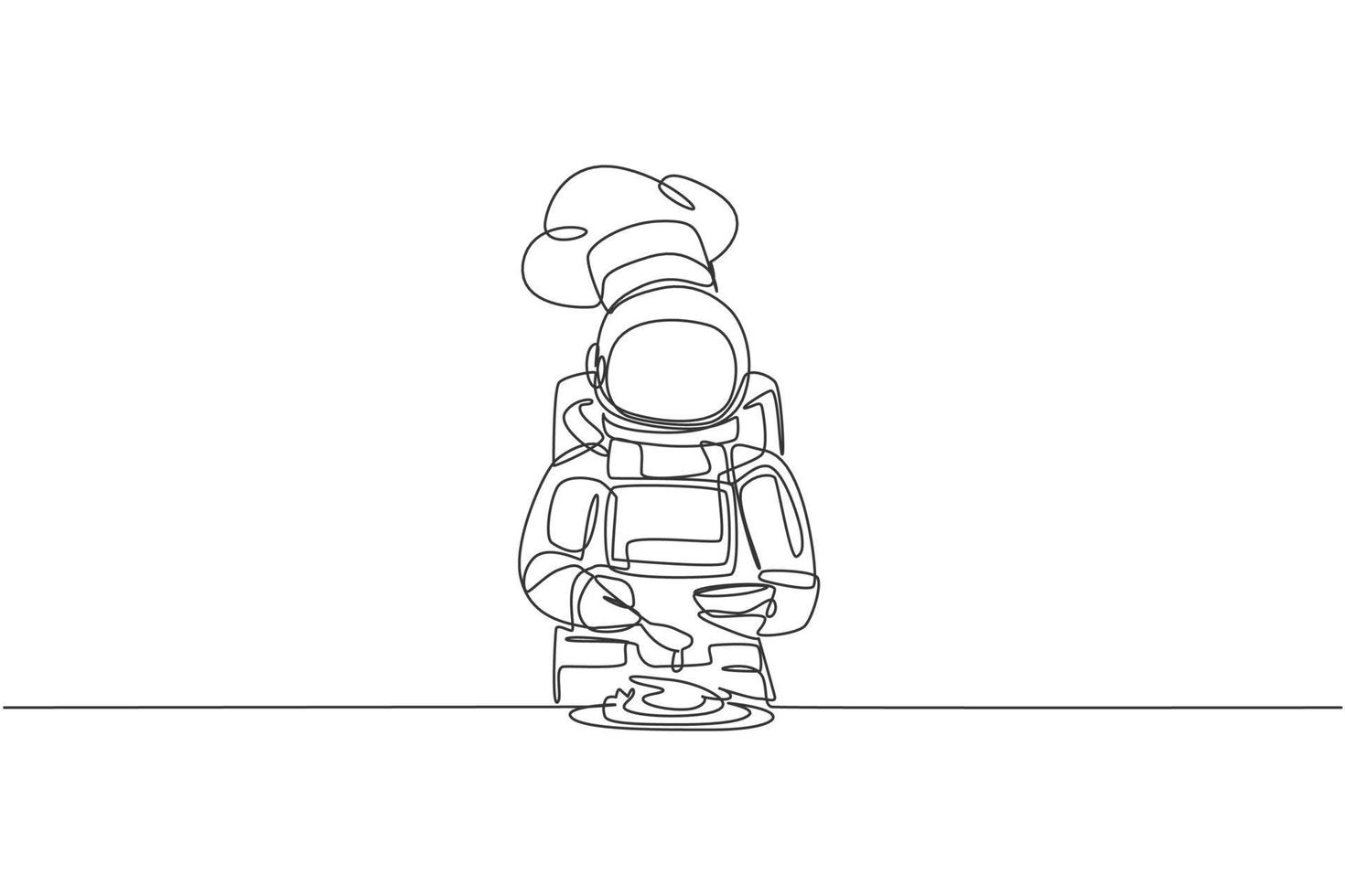 One continuous line drawing of young astronaut chef pouring seasoning into dish for serving dinner. Healthy cuisine food menu on restaurant concept. Dynamic single line draw design vector illustration