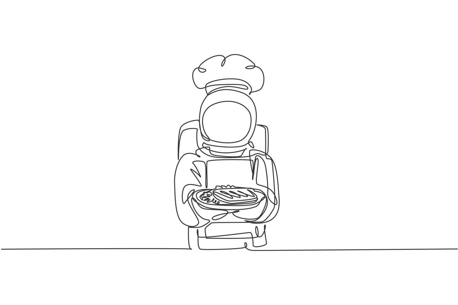 One single line drawing of young astronaut chef serving healthy steak cuisine food for cafe resto graphic vector illustration. Delicious space galaxy dish concept. Modern continuous line draw design