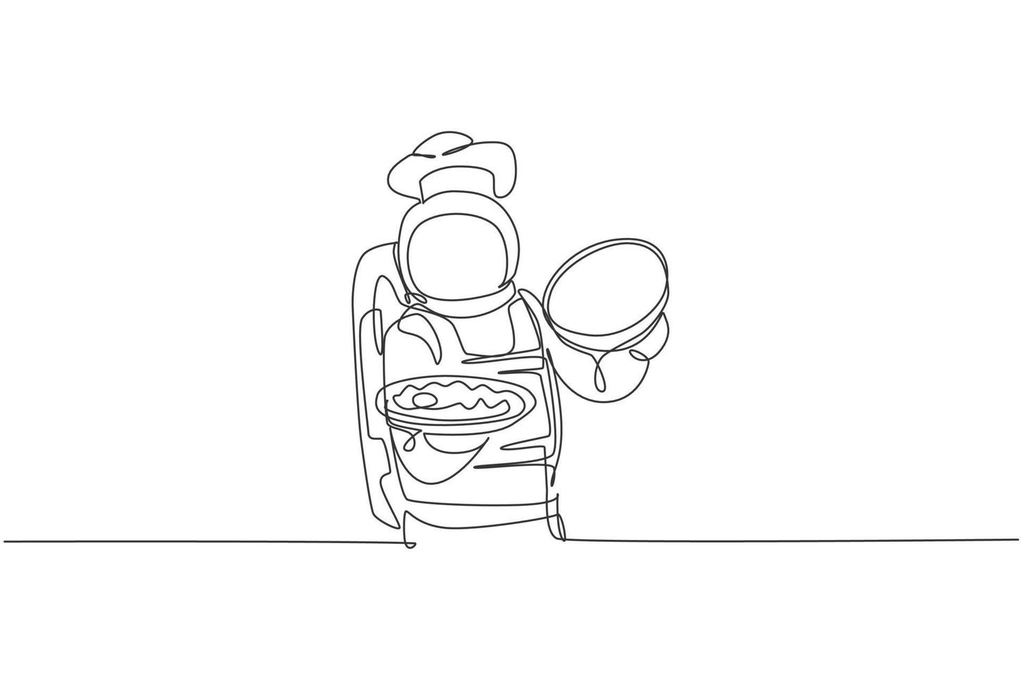 One continuous line drawing of young astronaut chef opening food cloche tray with delicious dish. Healthy cuisine food menu on restaurant concept. Dynamic single line draw design vector illustration