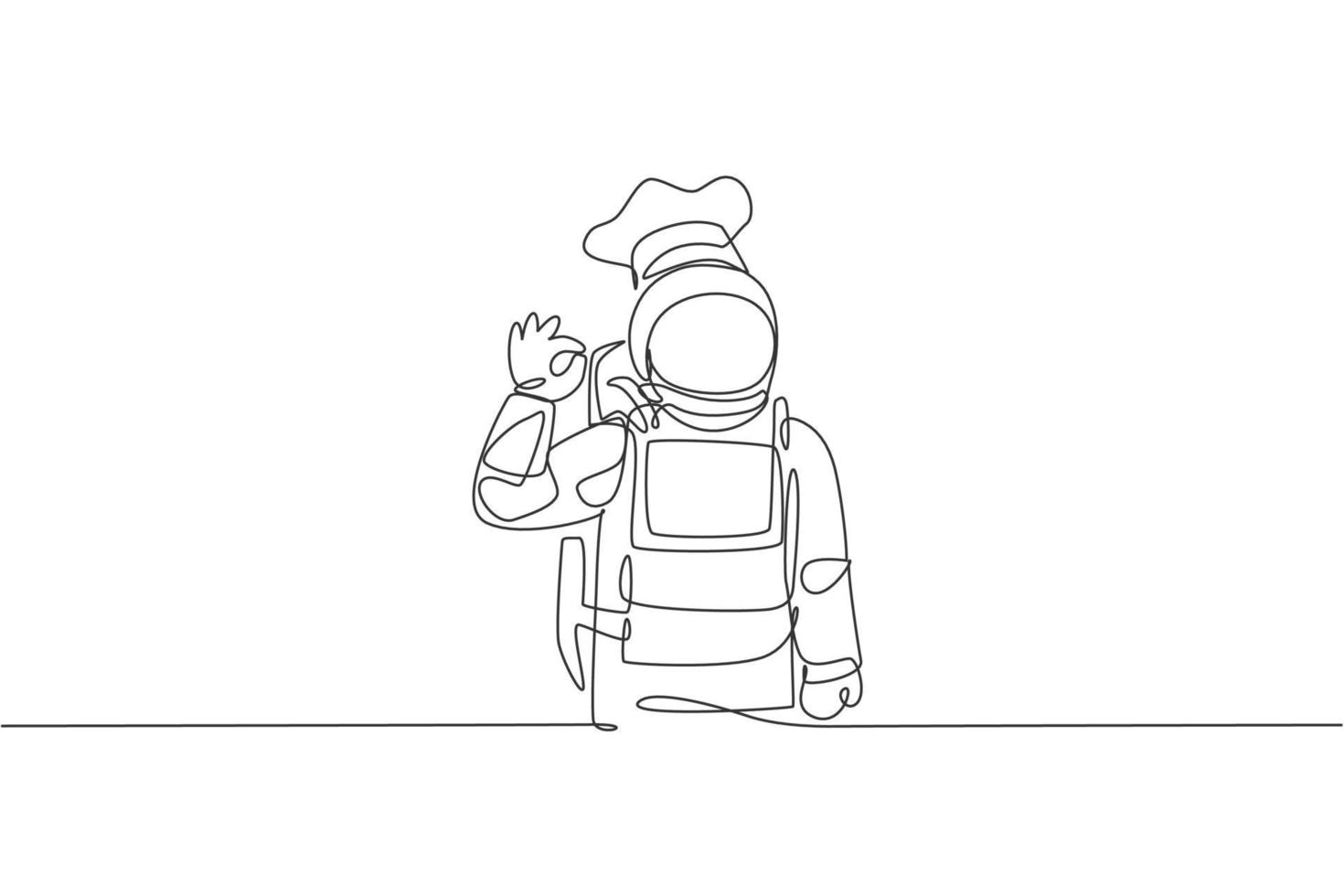 One single line drawing of young astronaut chef giving okay taste gesture for delicious food vector illustration. Delicious space galaxy dish concept. Modern continuous line draw design graphic