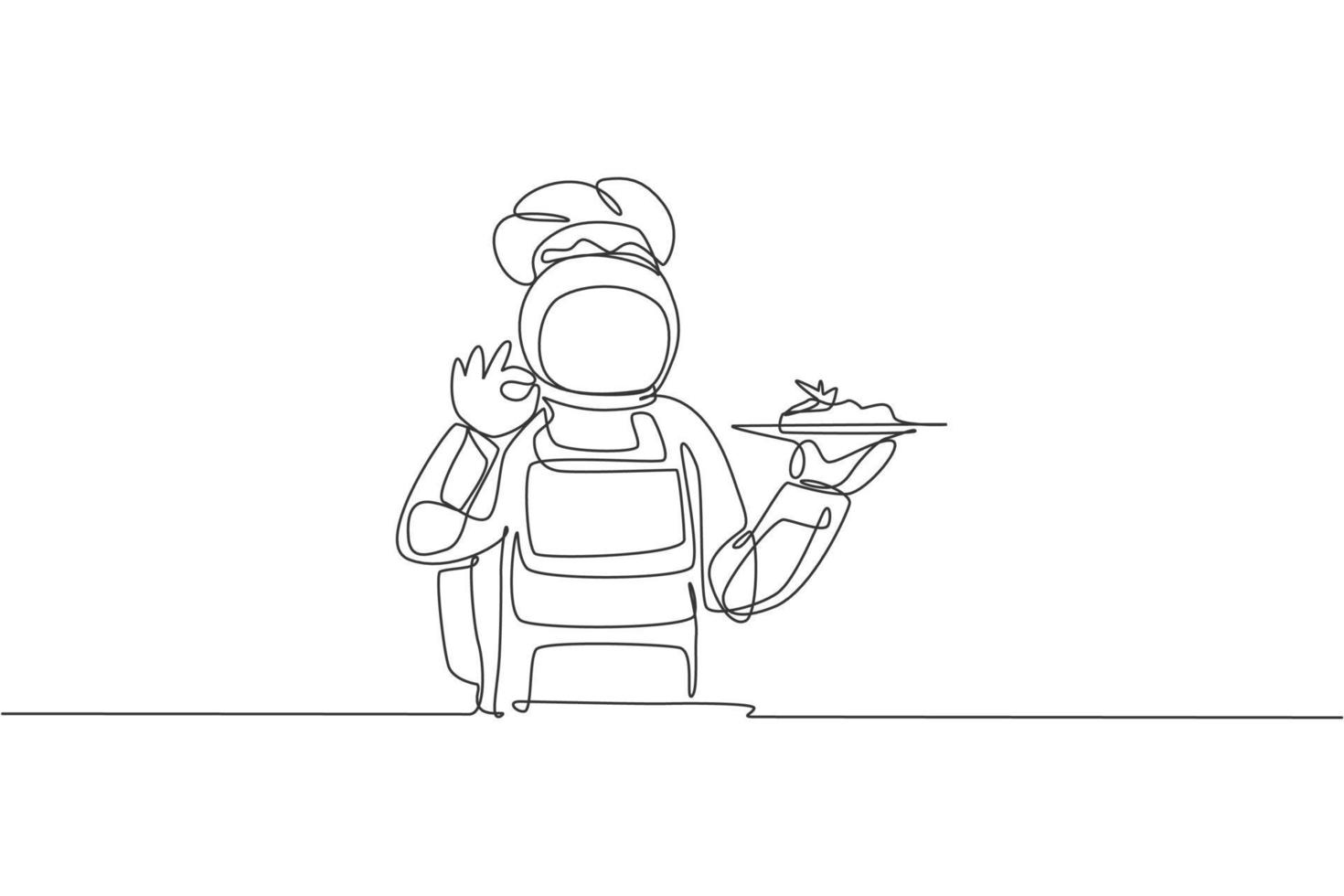 One single line drawing of young astronaut giving okay hand gesture for tasty food, cafe restaurant vector illustration. Delicious space galaxy dish concept. Modern continuous line draw graphic design