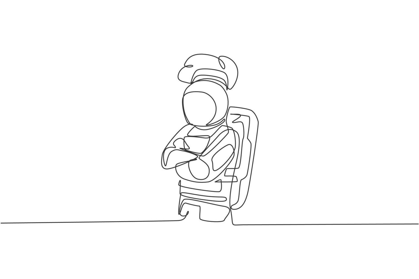 Single continuous line drawing of astronaut chef cross his hands on chest, pose elegant in outer space cafe. Healthy restaurant cuisine concept. Trendy one line draw design graphic vector illustration