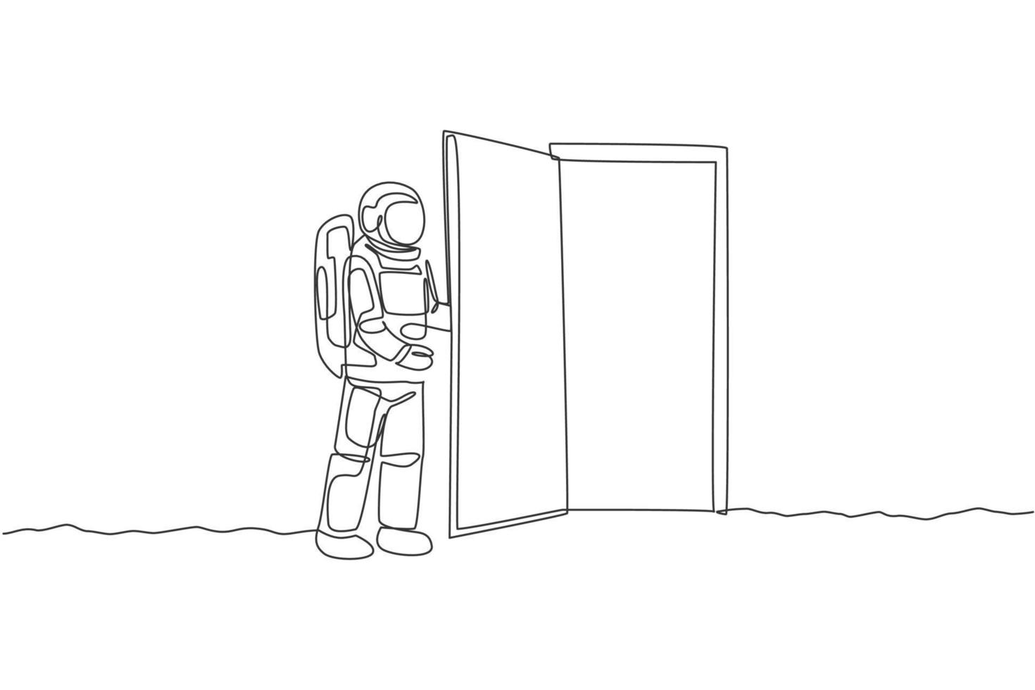 One continuous line drawing of young astronaut opening door gate into another dimension in moon surface. Cosmic galaxy space concept. Dynamic single line draw design vector graphic illustration