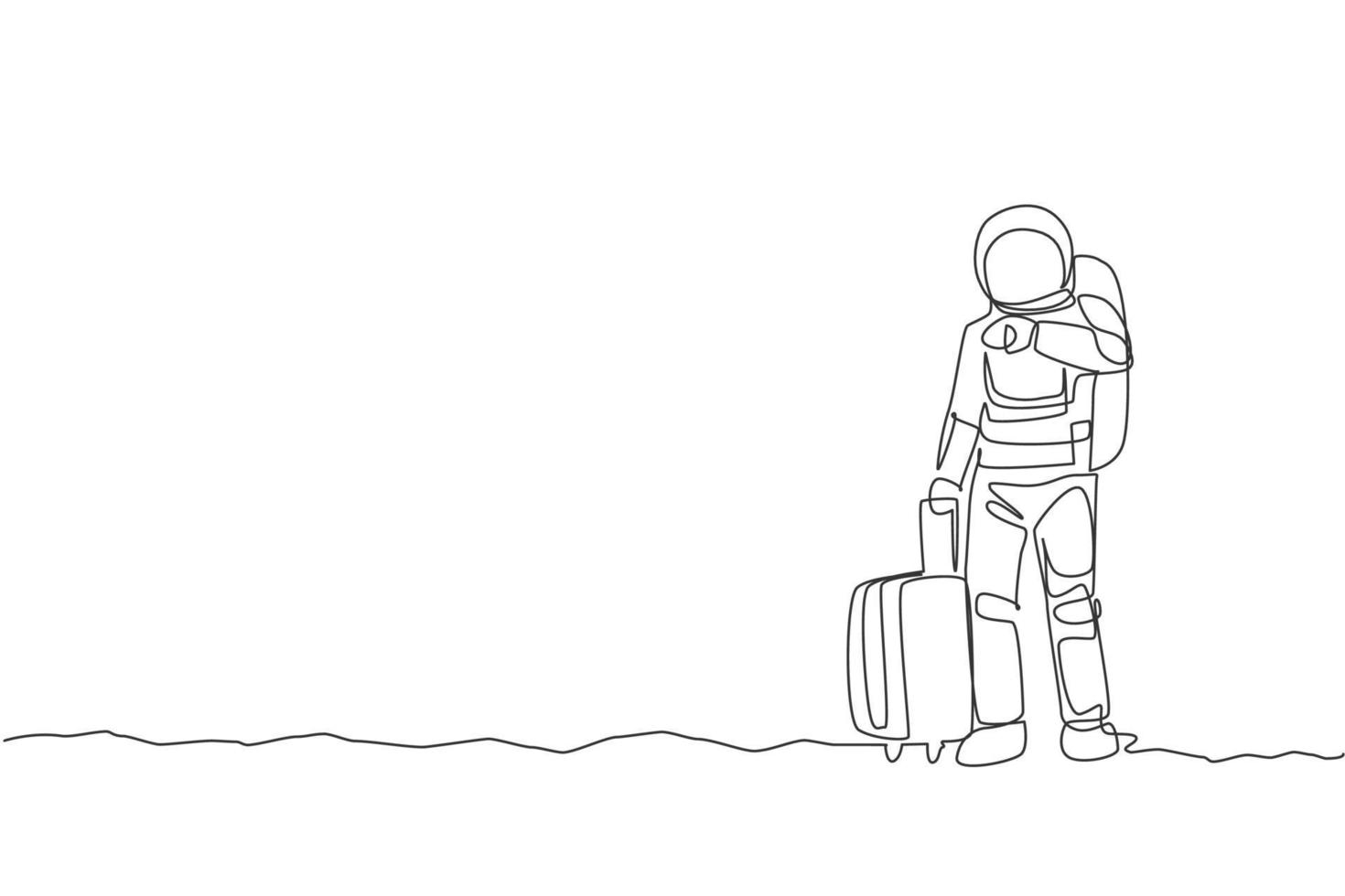 One single line drawing astronaut looking to his wristwatch waiting for public transport in moon surface vector graphic illustration. Cosmonaut outer space concept. Modern continuous line draw design