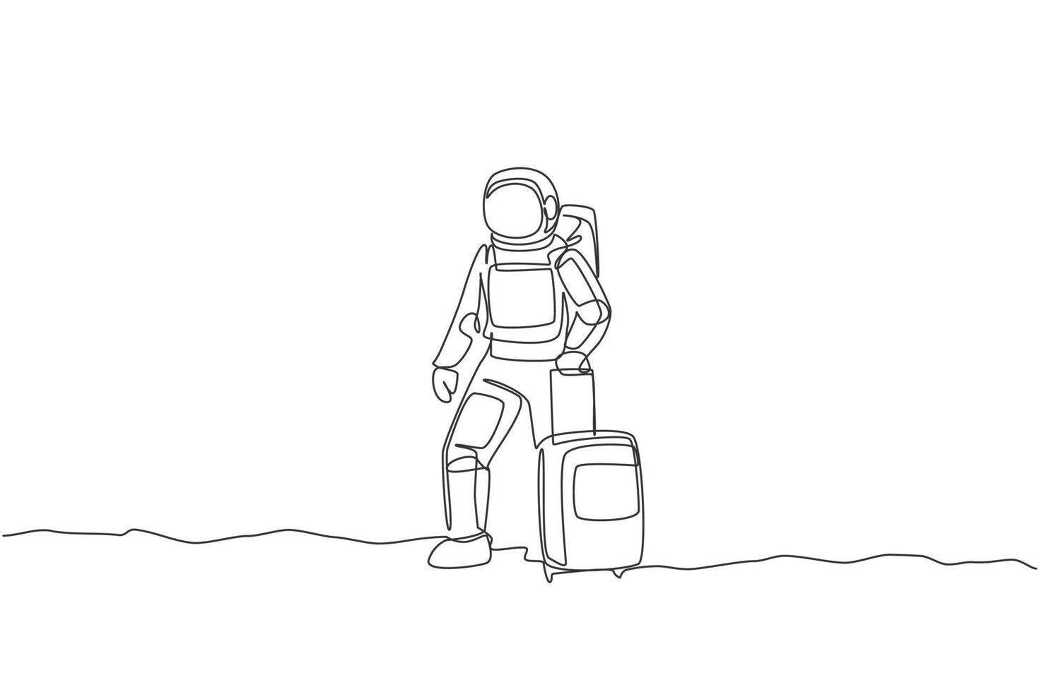 Single continuous line drawing of young astronaut carrying luggage bag want to travel in moon surface. Space man cosmic galaxy concept. Trendy one line draw design graphic vector illustration