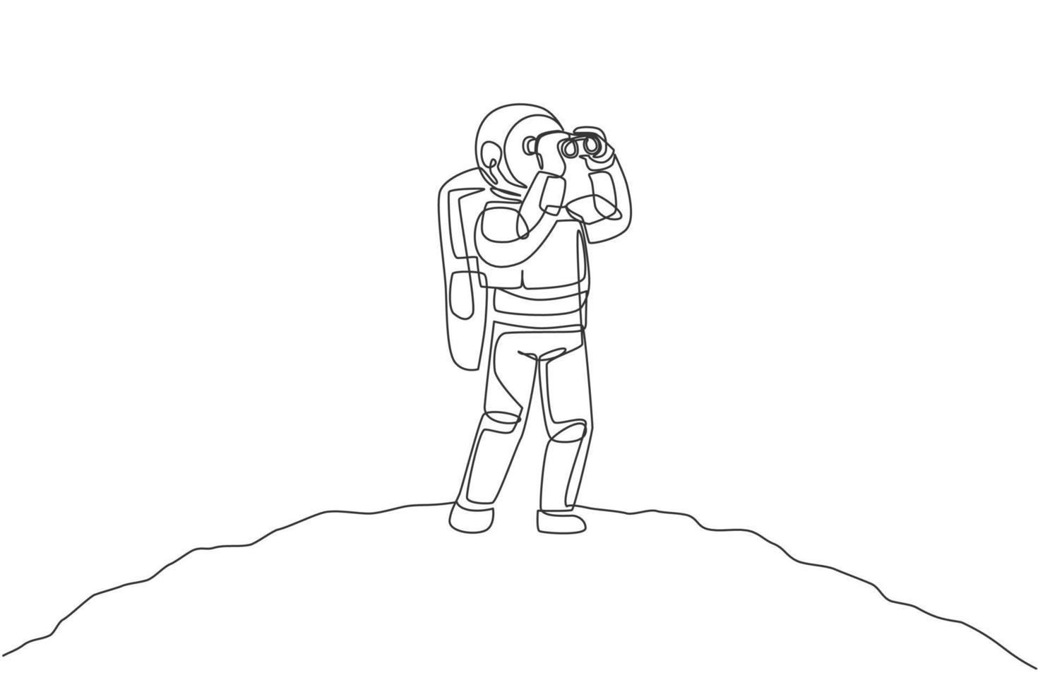 One single line drawing of young happy astronaut enjoying to see scenery using binocular in moon surface graphic vector illustration. Cosmonaut outer space concept. Modern continuous line draw design