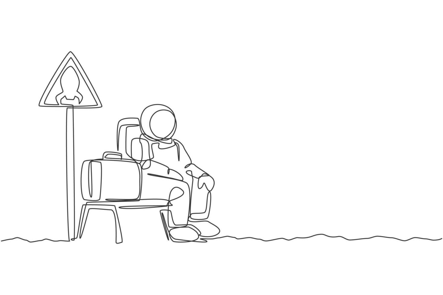 One single line drawing of young happy astronaut siting in rocket stop chair beside rocket sign board graphic vector illustration. Cosmonaut outer space concept. Modern continuous line draw design