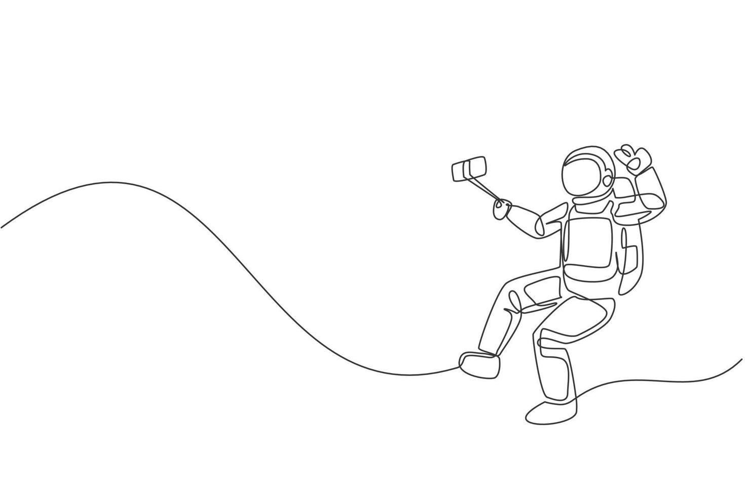 Single continuous line drawing of young astronaut doing selfie shoot while floating in outer space. Space man cosmic galaxy concept. Trendy one line draw graphic design vector illustration