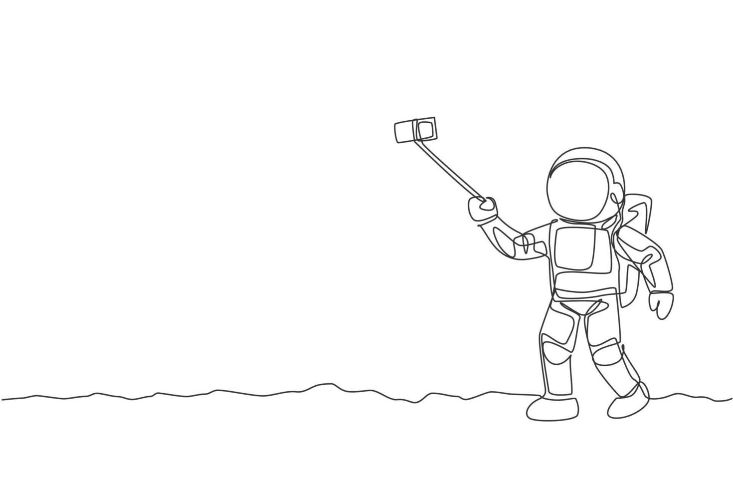 One continuous line drawing of young happy astronaut doing selfie shot in moon surface with smartphone. Space man deep space concept. Dynamic single line draw graphic design vector illustration