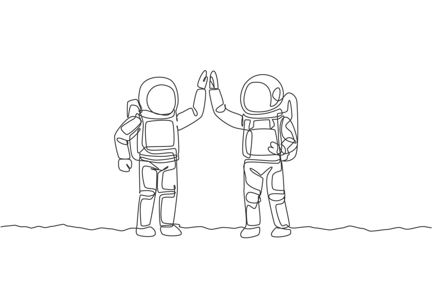 One continuous line drawing of two young happy astronauts giving high five gesture to celebrate teamwork in moon surface. Spaceman concept. Dynamic single line draw design vector graphic illustration