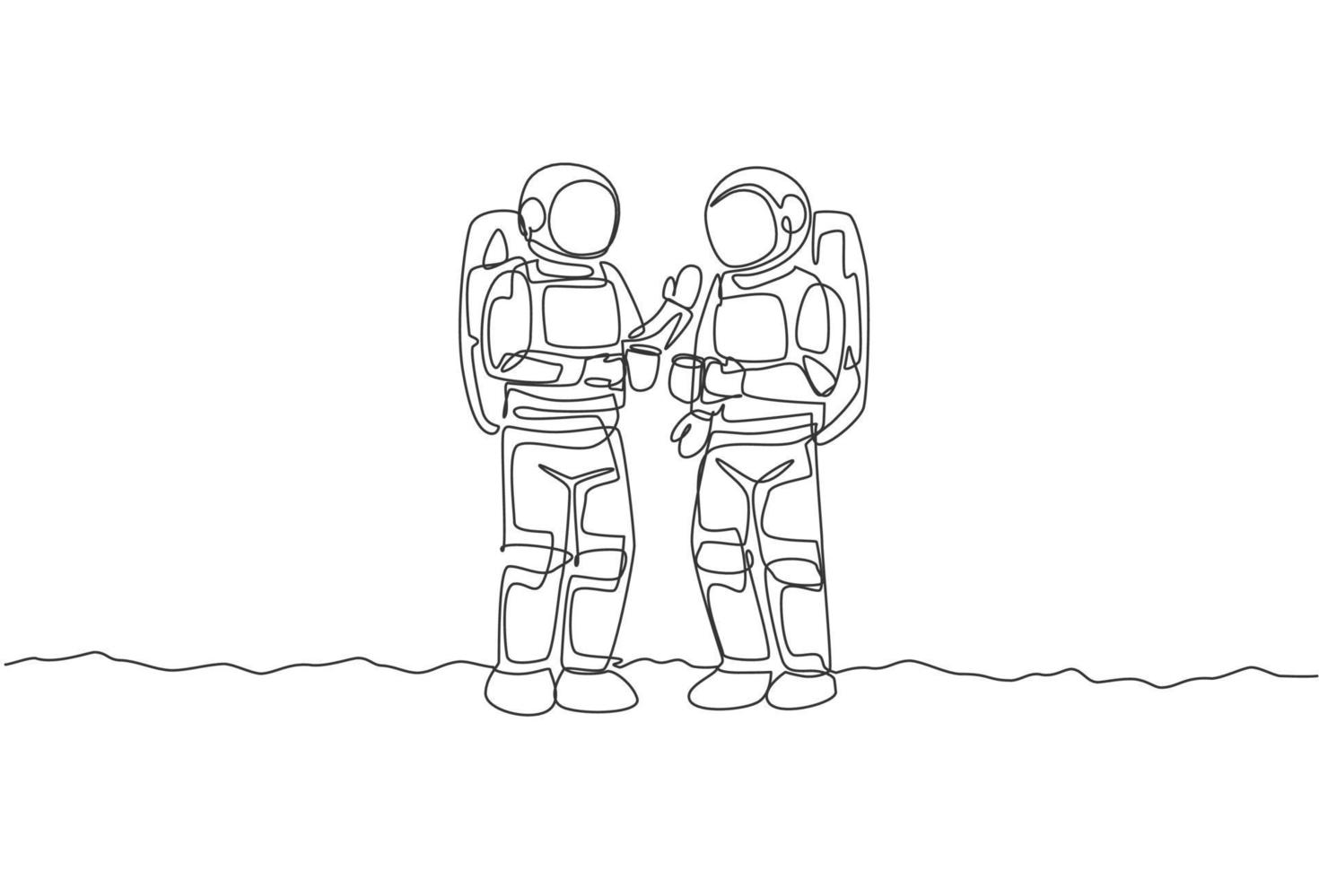 Single continuous line drawing two young astronaut standing and talking while drinking coffee in moon surface. Space man cosmic galaxy concept. Trendy one line draw graphic design vector illustration