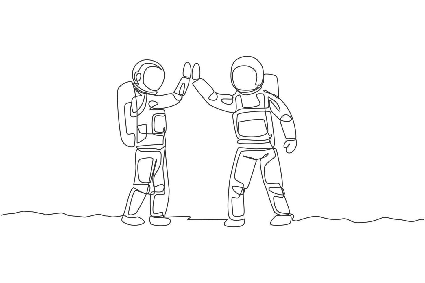 One single line drawing of two young happy astronauts gave high five while meeting on the street in moon surface vector illustration. Cosmonaut outer space concept. Modern continuous line draw design