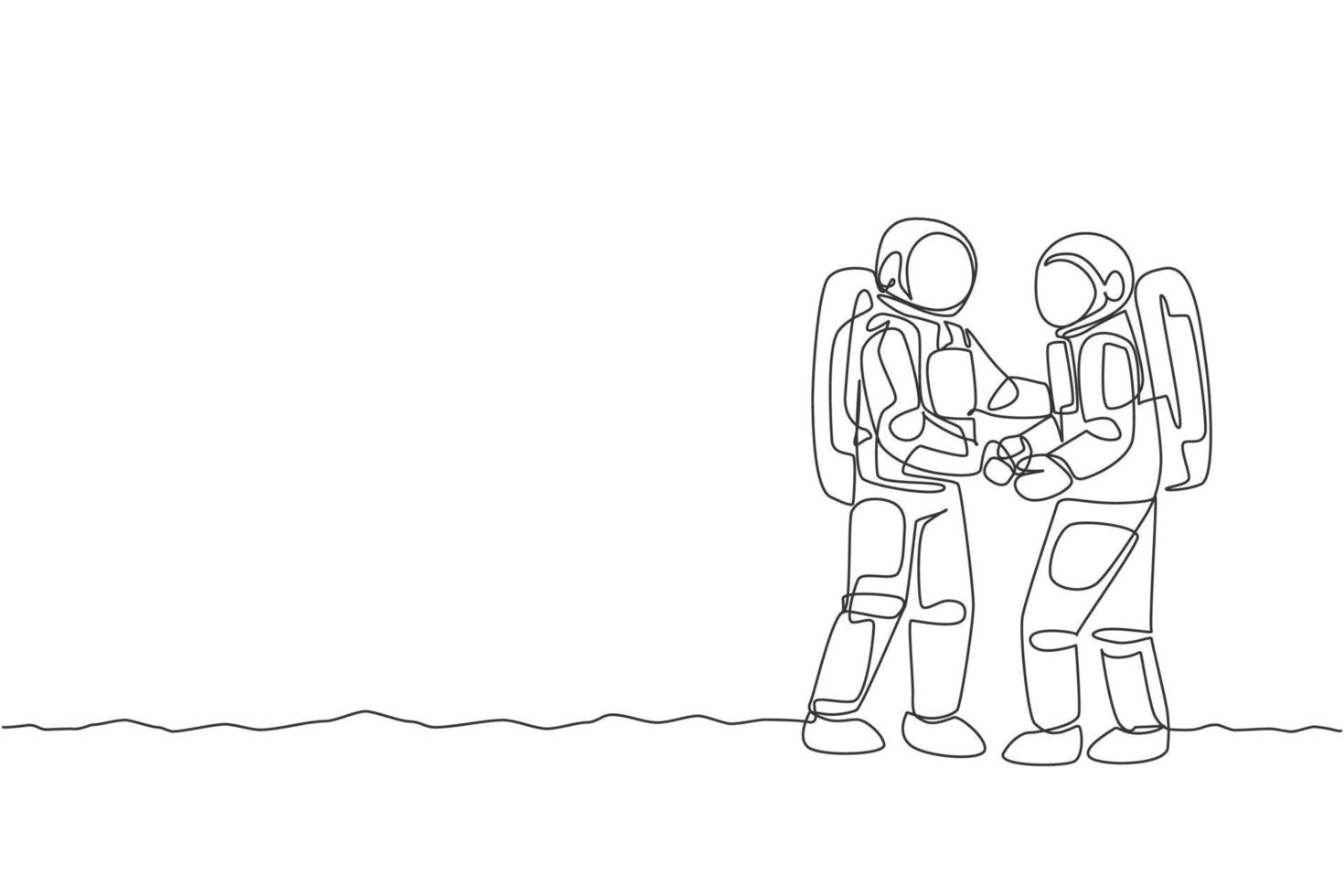 Single continuous line drawing of two young astronauts handshake to deal business agreement in moon surface. Space man cosmic galaxy concept. Trendy one line draw design vector illustration graphic