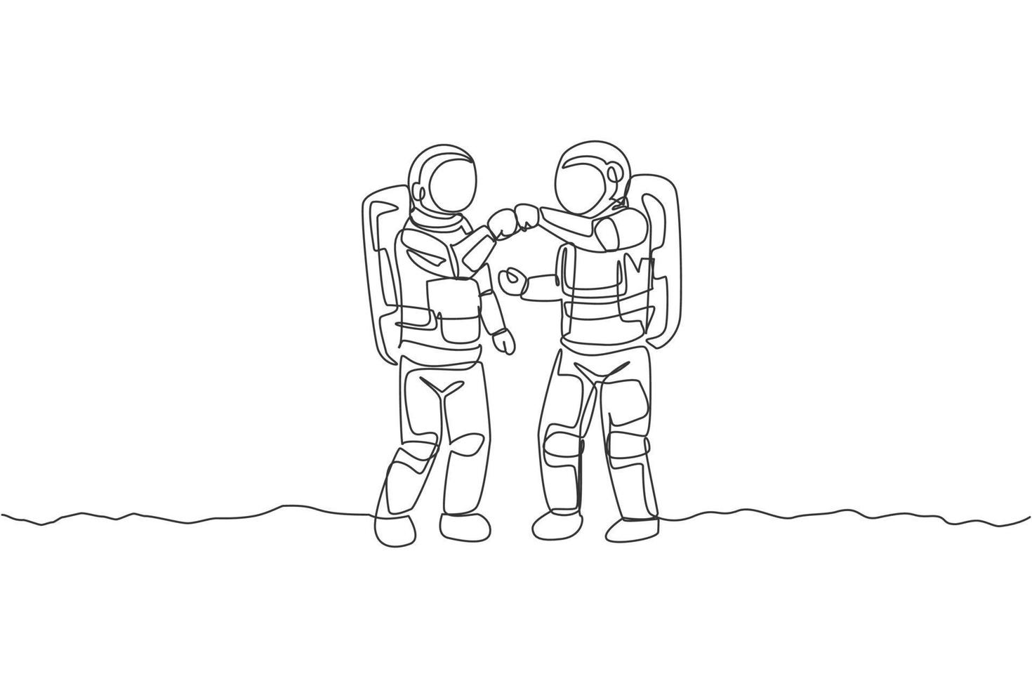 un dibujo de una sola línea de dos jóvenes astronautas dando un golpe de puño para celebrar el éxito del trabajo en equipo en la ilustración de vector de superficie lunar. concepto del espacio exterior del cosmonauta. diseño moderno de dibujo de línea continua