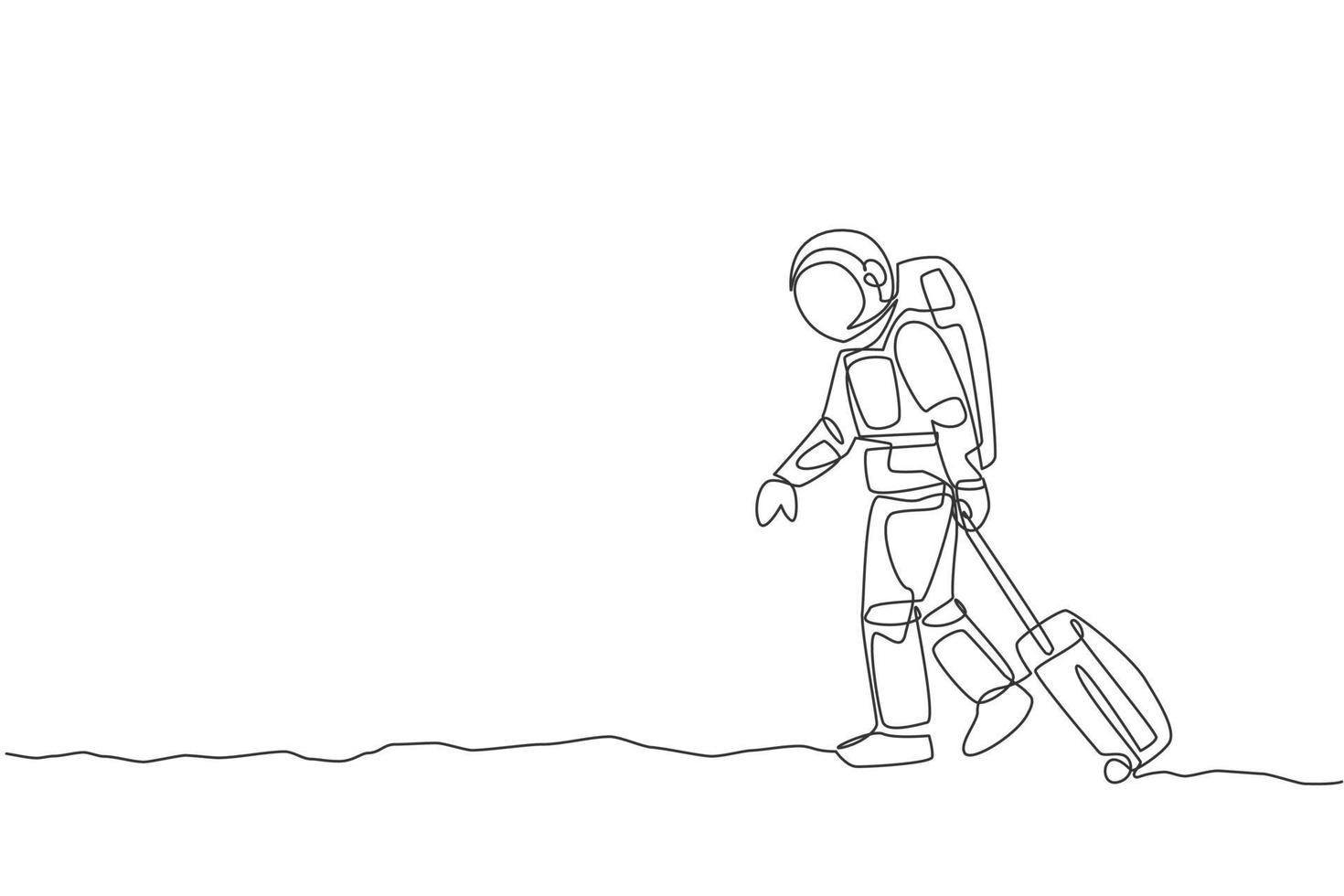 Dibujo de línea continua única joven astronauta tirando de la maleta mientras sale del aeropuerto en la superficie de la luna. concepto de galaxia cósmica del hombre del espacio. Ilustración de vector gráfico de diseño de dibujo de una línea de moda