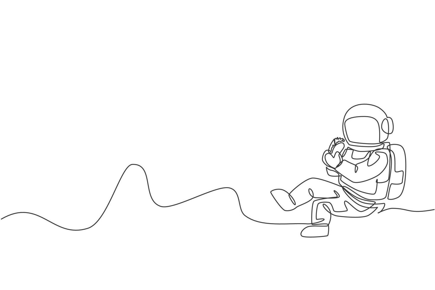 Single continuous line drawing of spaceman sitting relax on moon surface and eating delicious Mexican taco. Fantasy fiction of outer space life concept. Trendy one line draw design vector illustration