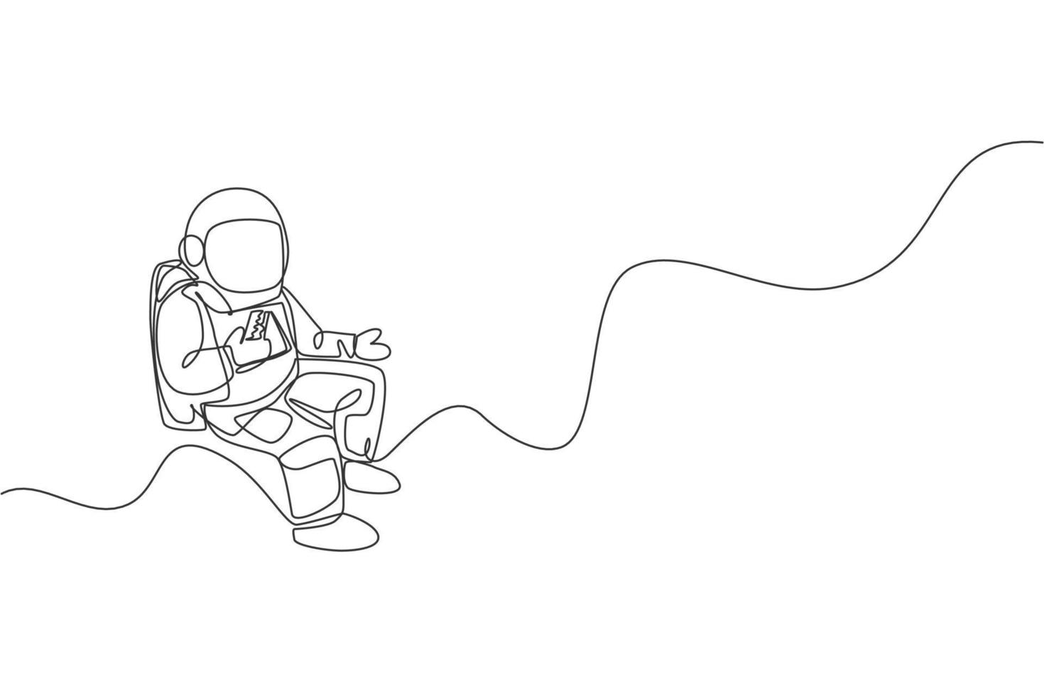 Single continuous line drawing of spaceman relaxing and eating delicious sandwich in nebula galaxy. Fantasy fiction of outer space life concept. Trendy one line draw design vector illustration graphic