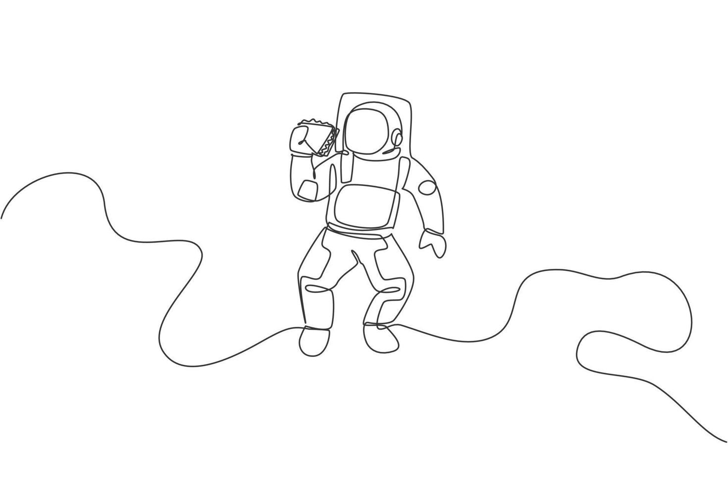 One single line drawing of astronaut flying in cosmos galaxy while eating fresh sandwich graphic vector illustration. Fantasy outer space life concept. Modern continuous line draw design