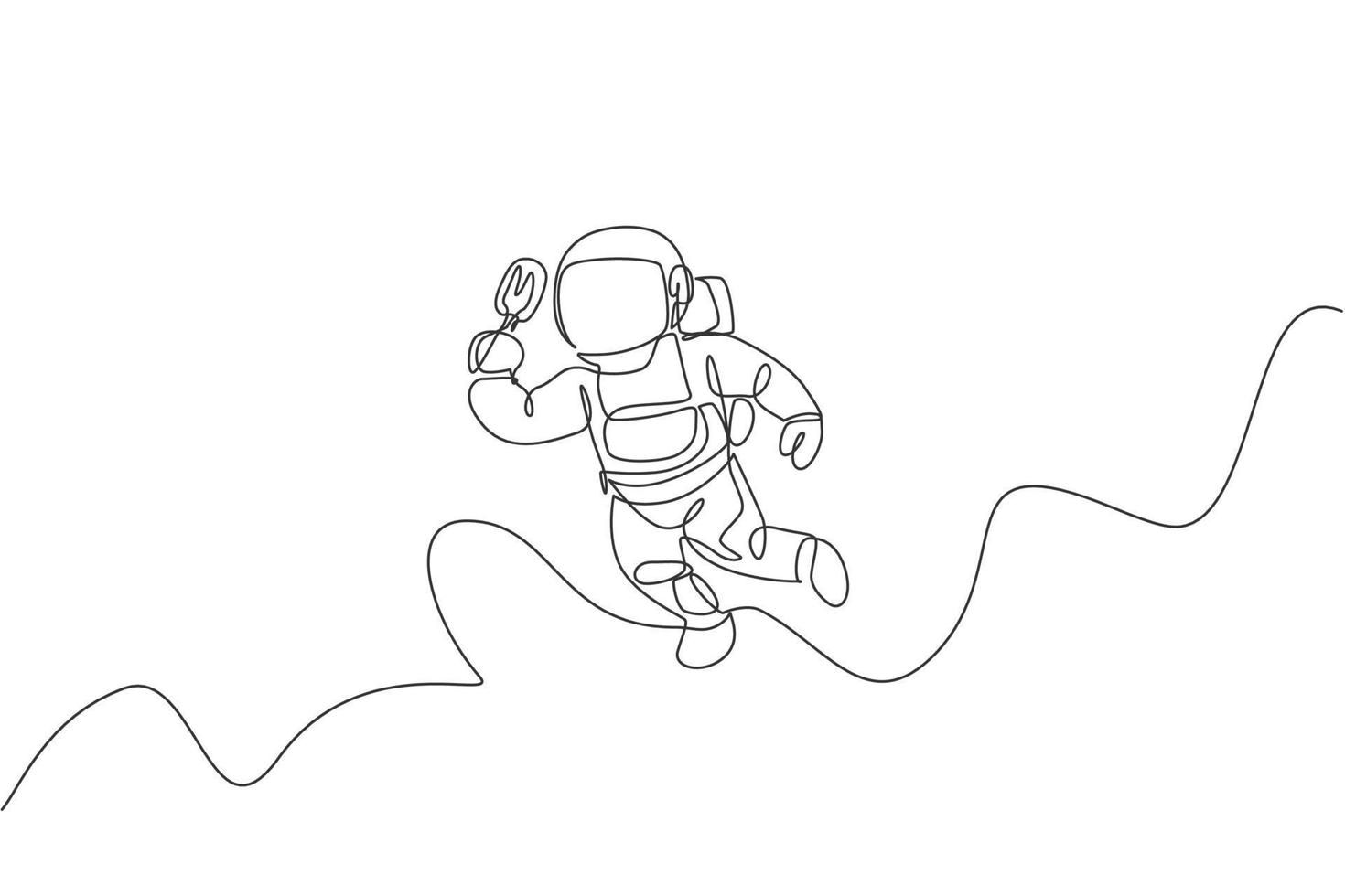 Single continuous line drawing of spaceman flying relax while eating popsicle ice cream in nebula galaxy. Fantasy fiction of outer space life concept. Trendy one line draw design vector illustration