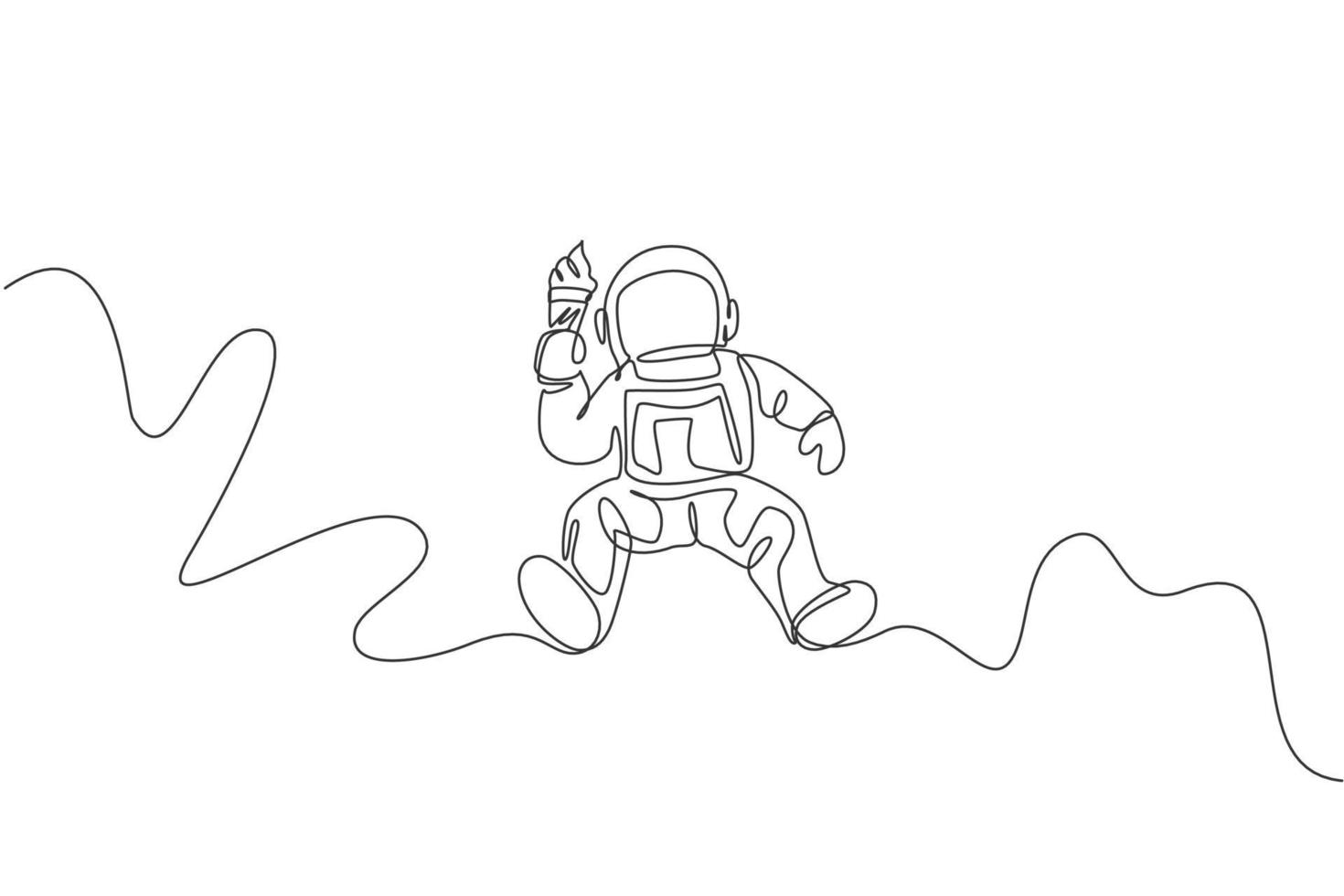 One continuous line drawing of cosmonaut flying and eating sweet cold cone milk ice cream in galactic. Fantasy outer space astronaut life concept. Dynamic single line draw design vector illustration