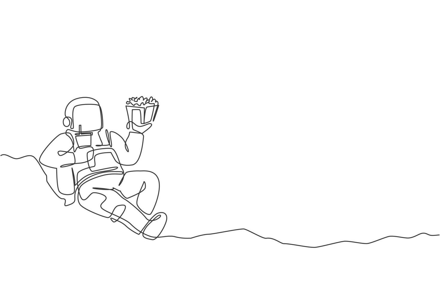 One continuous line drawing of cosmonaut laying relax on moon surface eat french fries and drinking soft soda. Fantasy outer space astronaut life concept. Single line draw design vector illustration