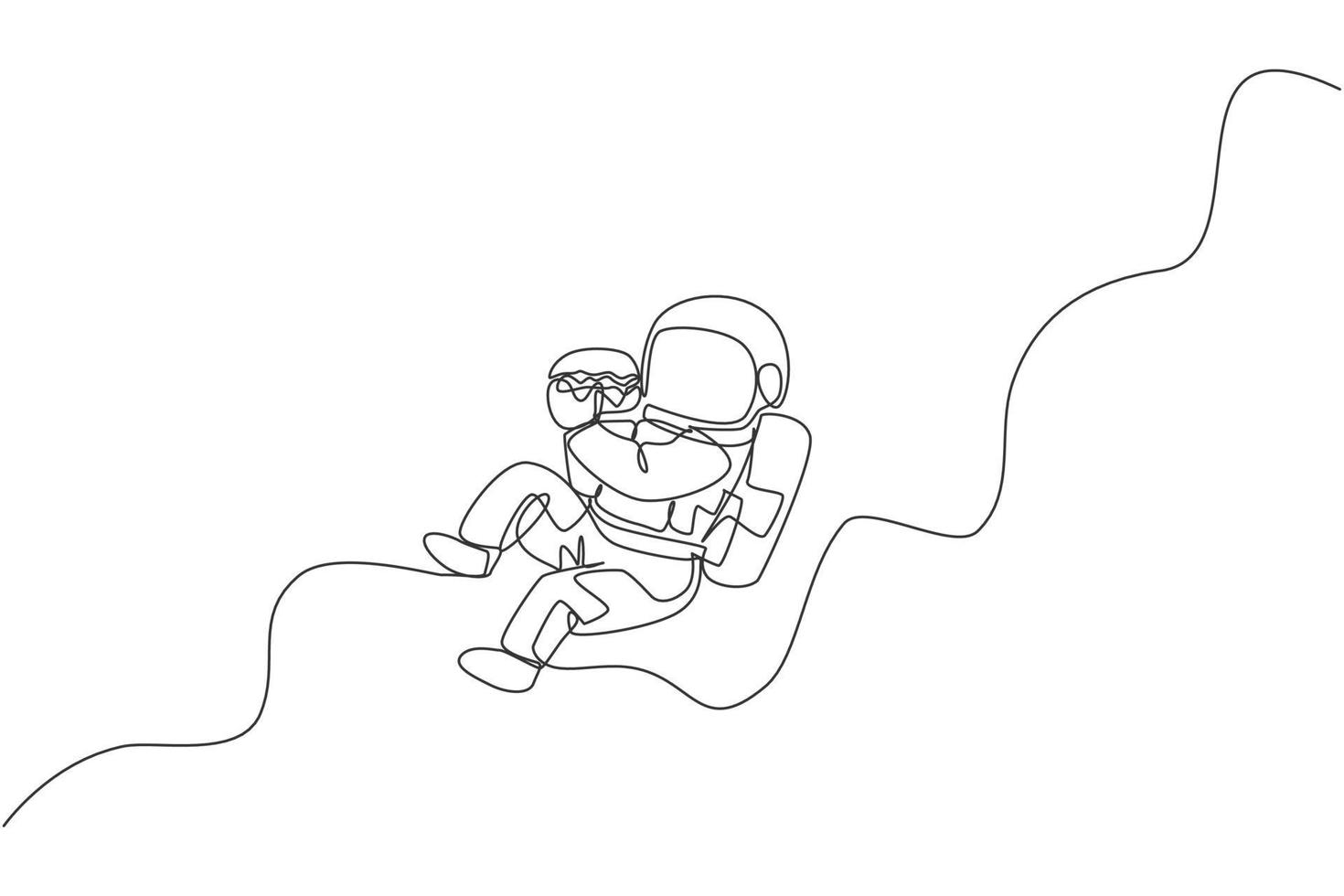 One single line drawing of astronaut flying in cosmos galaxy while eating spicy delicious burger vector graphic illustration. Fantasy outer space life concept. Modern continuous line draw design