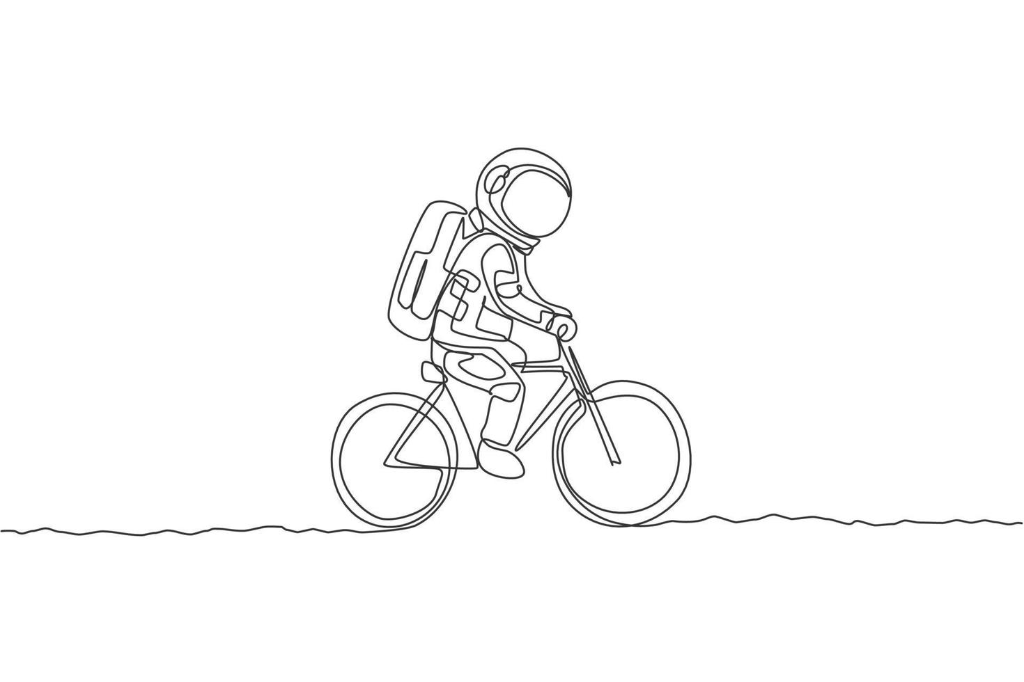 One single line drawing of spaceman astronaut riding bicycle on moon surface, cosmic galaxy vector illustration. Healthy space cosmonaut lifestyle sport concept. Modern continuous line draw design