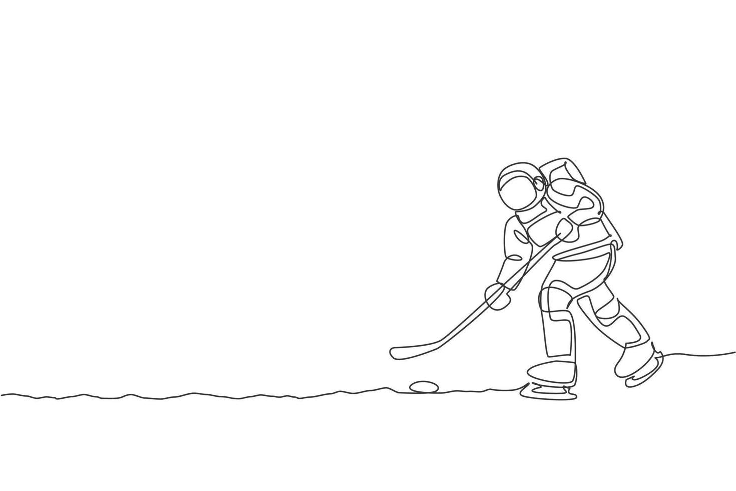 One single line drawing spaceman astronaut practicing ice hockey in cosmic galaxy vector graphic illustration. Healthy outer space cosmonaut lifestyle sport concept. Modern continuous line draw design