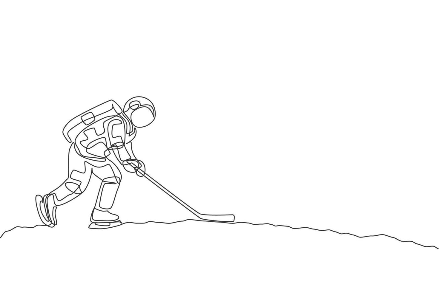 One continuous line drawing of astronaut training ice hockey on moon surface, deep space galaxy. Spaceman healthy fitness sport concept. Dynamic single line draw design graphic vector illustration