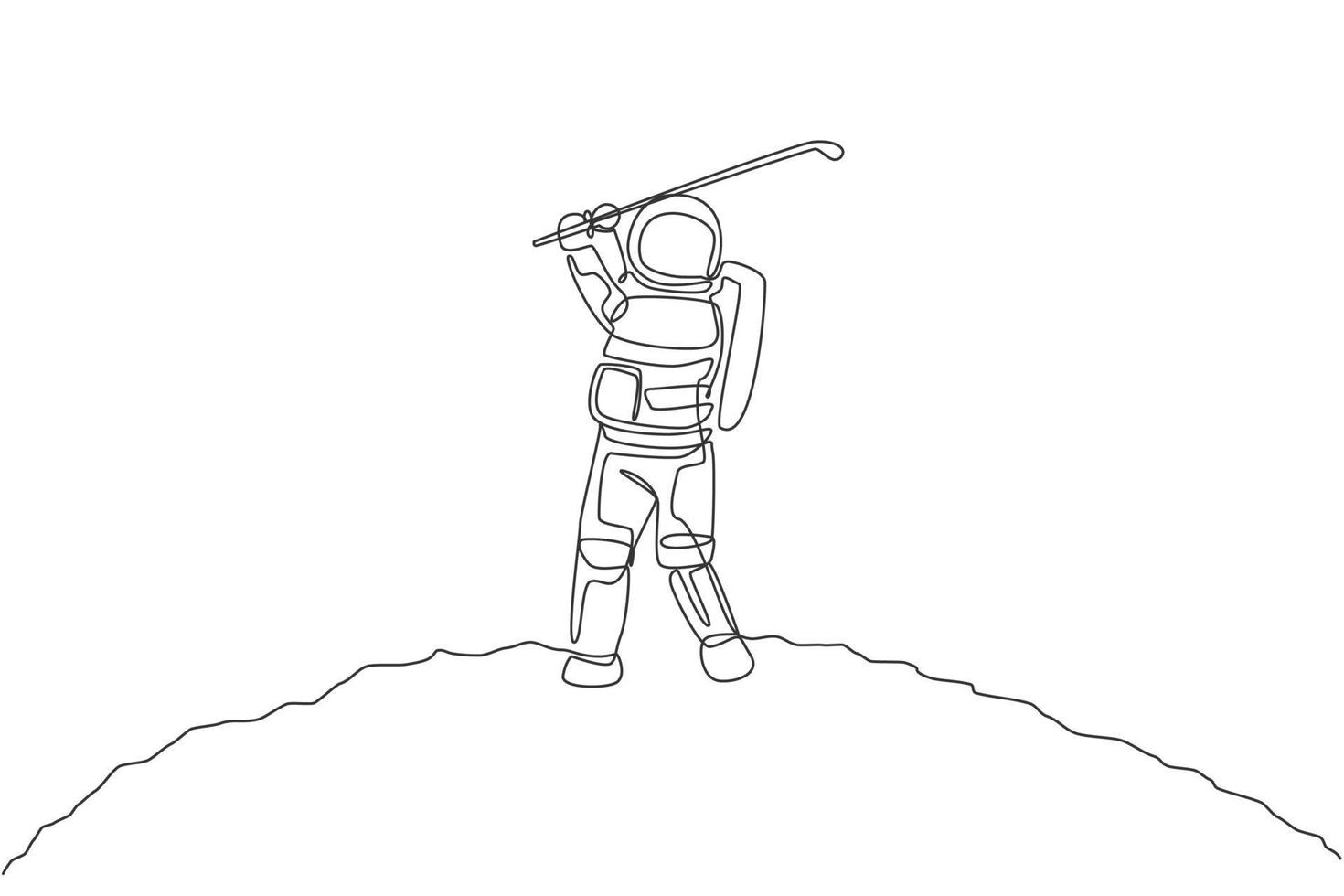 One continuous line drawing of astronaut golf training on moon surface, deep space galaxy. Spaceman healthy fitness sport concept. Dynamic single line draw design vector graphic illustration