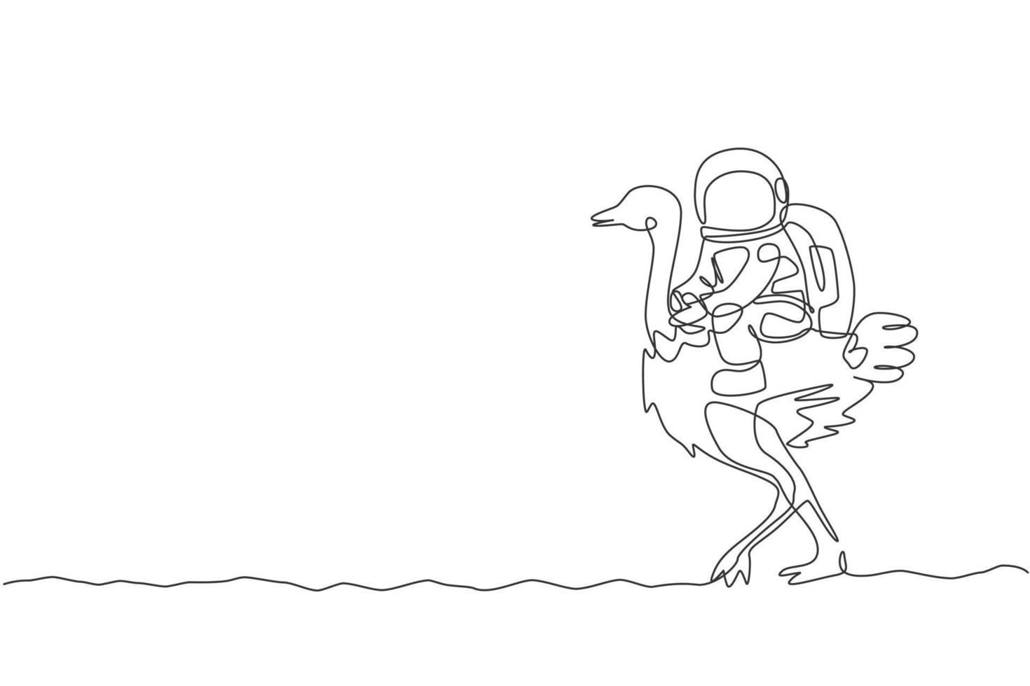 Single continuous line drawing of cosmonaut with spacesuit riding ostrich, big bird animal in moon surface. Fantasy astronaut safari journey concept. Trendy one line draw design vector illustration