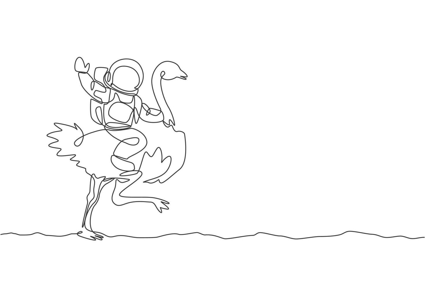 One continuous line drawing of spaceman take a walk riding an ostrich, fastest animal in moon surface. Deep space safari journey concept. Dynamic single line draw design graphic vector illustration