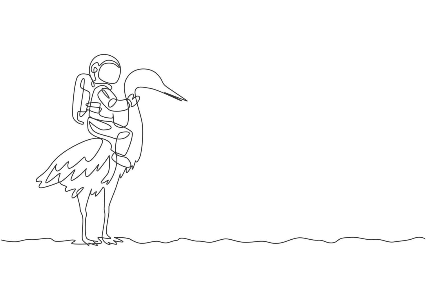 dibujo de una sola línea de astronauta montando un pájaro garza, animal salvaje en la ilustración de vector de superficie lunar. concepto de viaje de safari de cosmonauta. diseño gráfico de dibujo de línea continua moderna