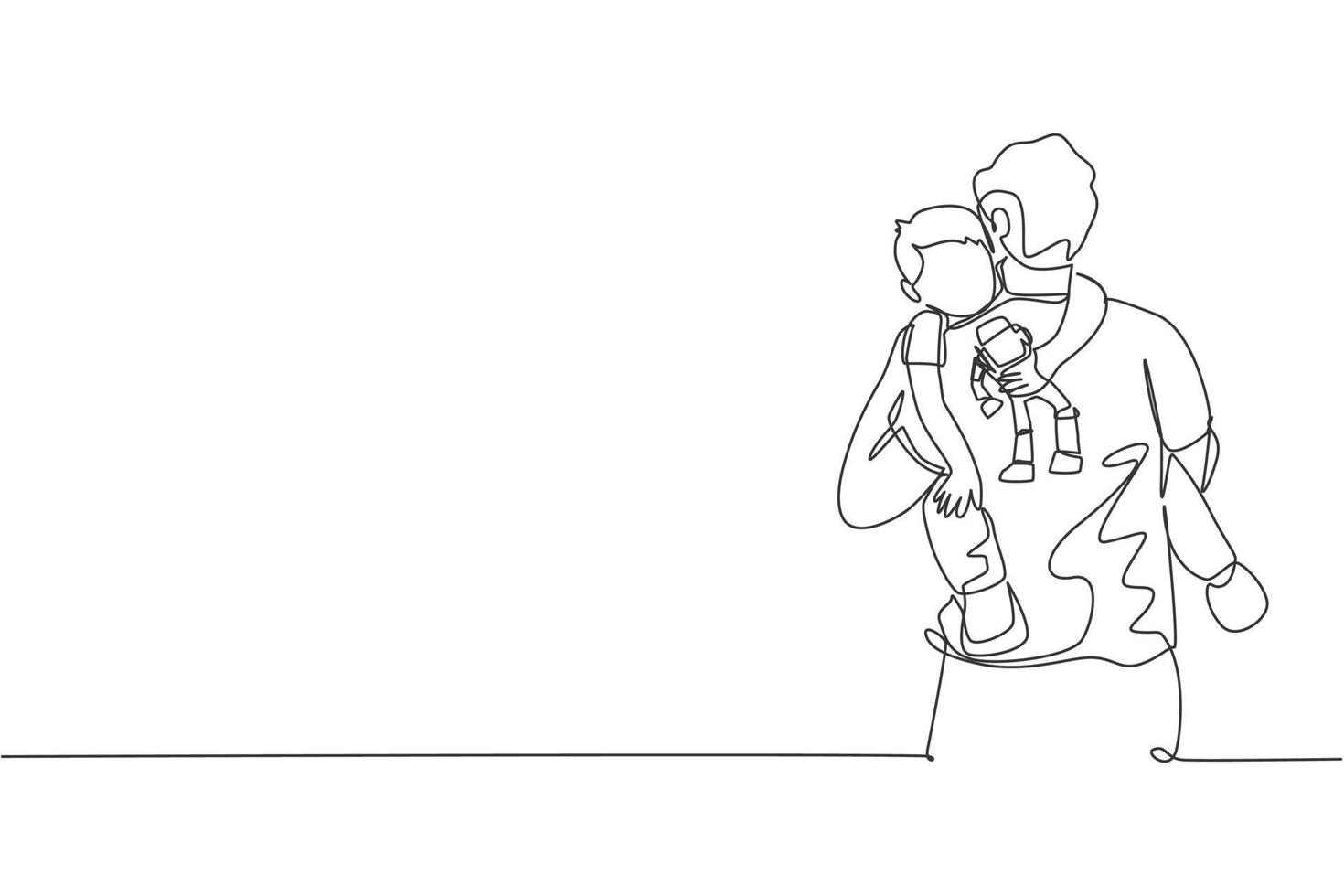 Single continuous line drawing of young happy father hugging full of warmth his sleepy boy while holding robot toy. Happy family concept. Trendy one line draw design vector illustration graphic