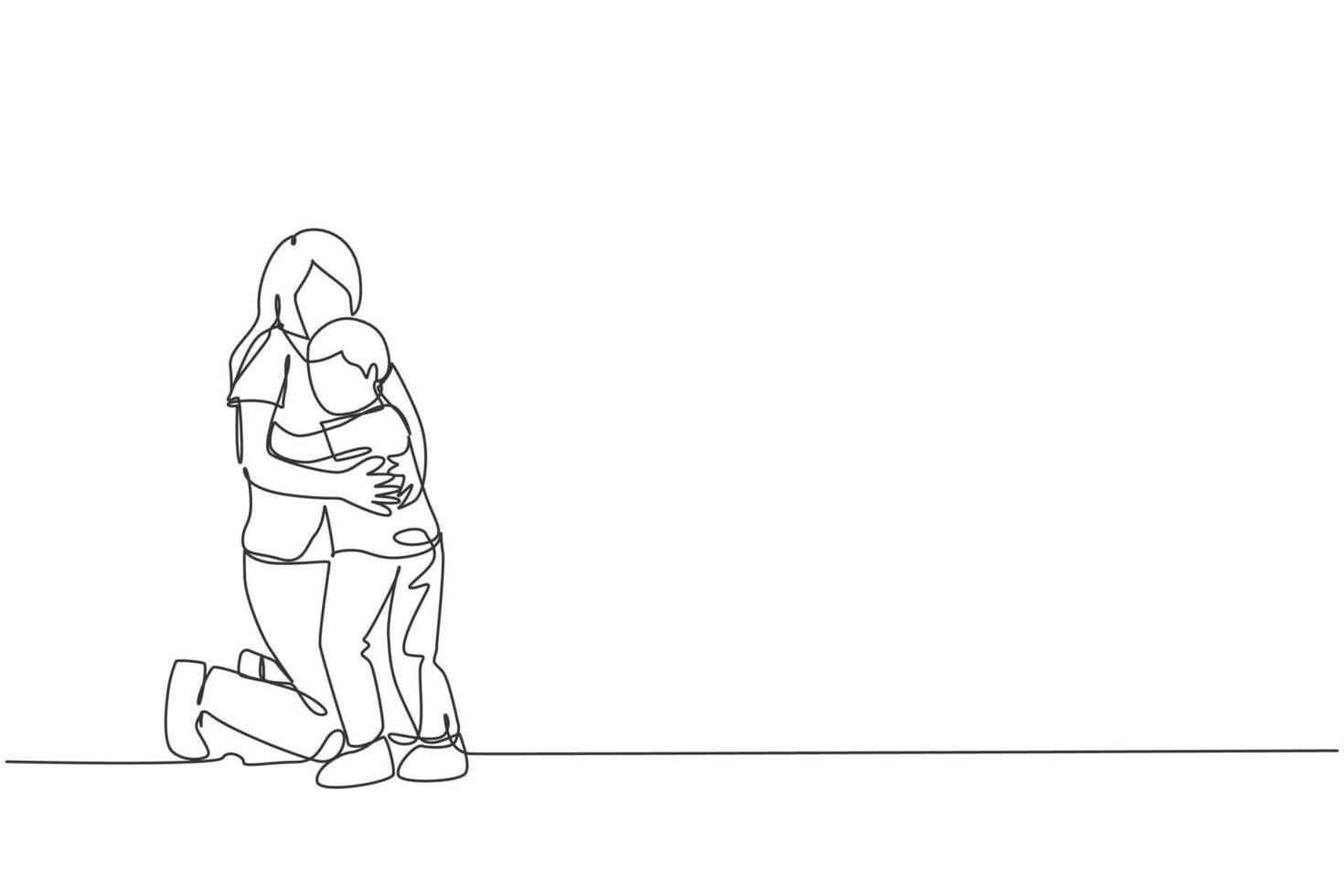 un dibujo de línea continua de una joven madre feliz abrazando a su encantador hijo lleno de calidez en la escuela. concepto de familia de crianza amorosa feliz. Ilustración de vector gráfico de diseño de dibujo de línea única dinámica