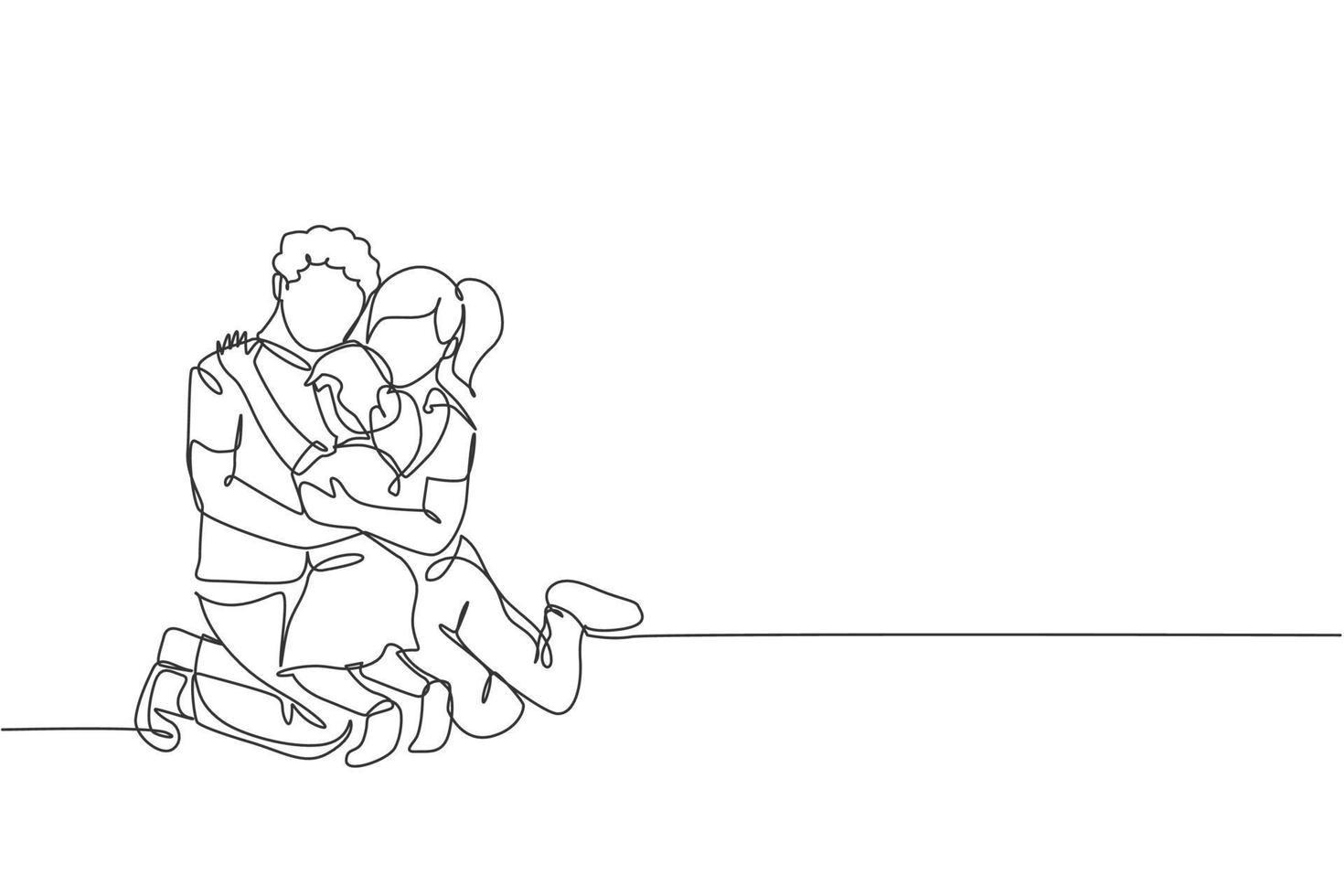 One continuous line drawing of young happy mom and dad hugging their daughter full of warmth . Happy loving parenting family concept. Dynamic single line draw design vector illustration graphic