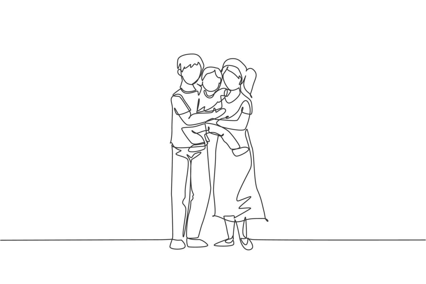 One continuous line drawing young happy mother and father carrying their son together full of warmth. Happy loving parenting family concept. Dynamic single line draw design graphic vector illustration