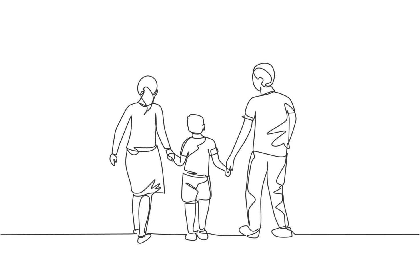 One single line drawing of young happy mother and father lead their son walking together, holding his hands graphic vector illustration. Parenting education concept. Modern continuous line draw design