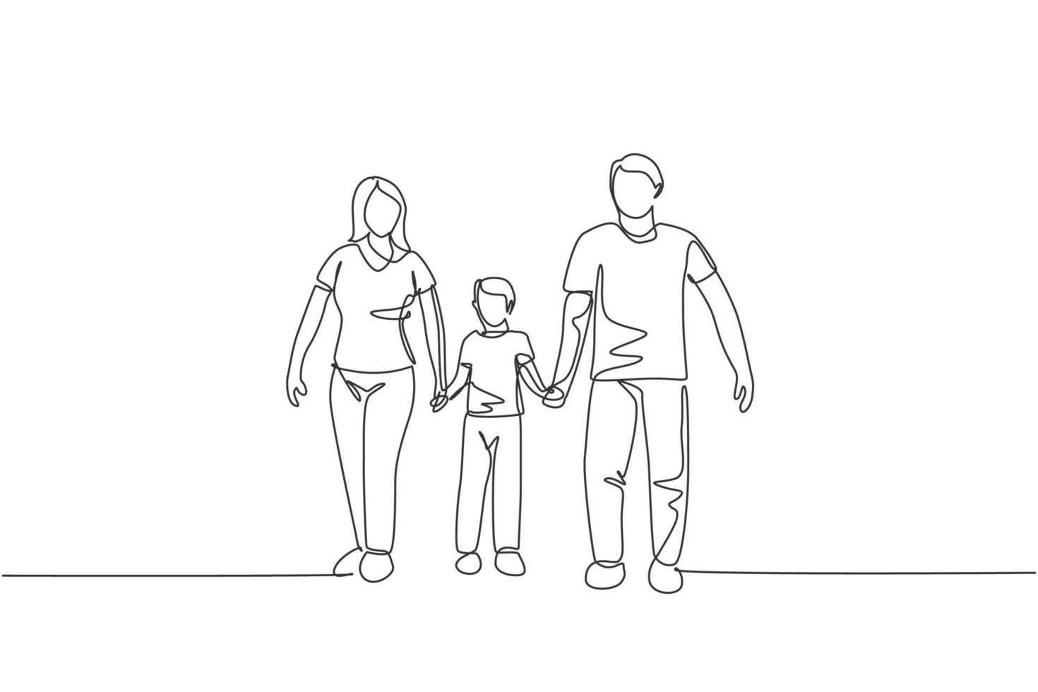 One single line drawing of young happy family mom and dad lead their son walking together holding his hands vector graphic illustration. Parenting education concept. Modern continuous line draw design