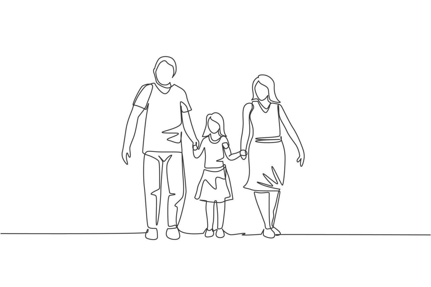 One continuous line drawing of young happy mom and dad lead their daughter walking together. Happy loving parenting family concept. Dynamic single line draw graphic design vector illustration