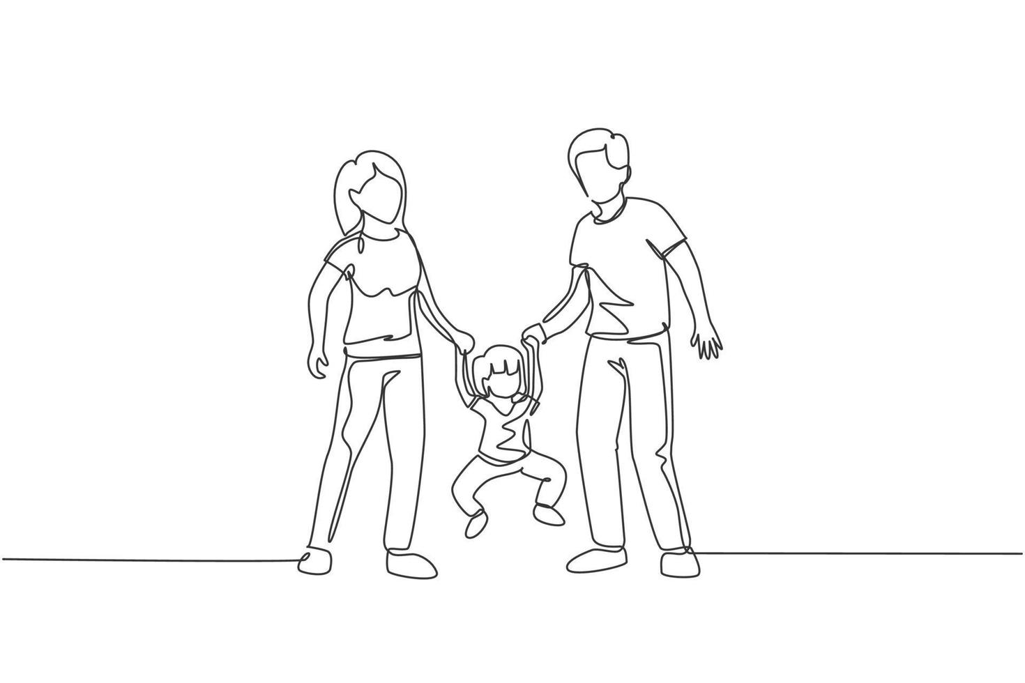 One continuous line drawing of young happy mother and father playing with their daughter, lifting and swinging at home. Family parenting concept. Dynamic single line draw design vector illustration
