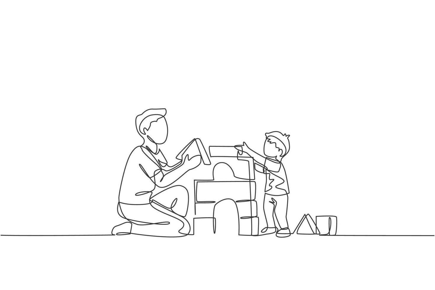 One continuous line drawing of young happy dad playing with son building house from foam puzzle block toy at home. Family time parenting concept. Dynamic single line draw design vector illustration